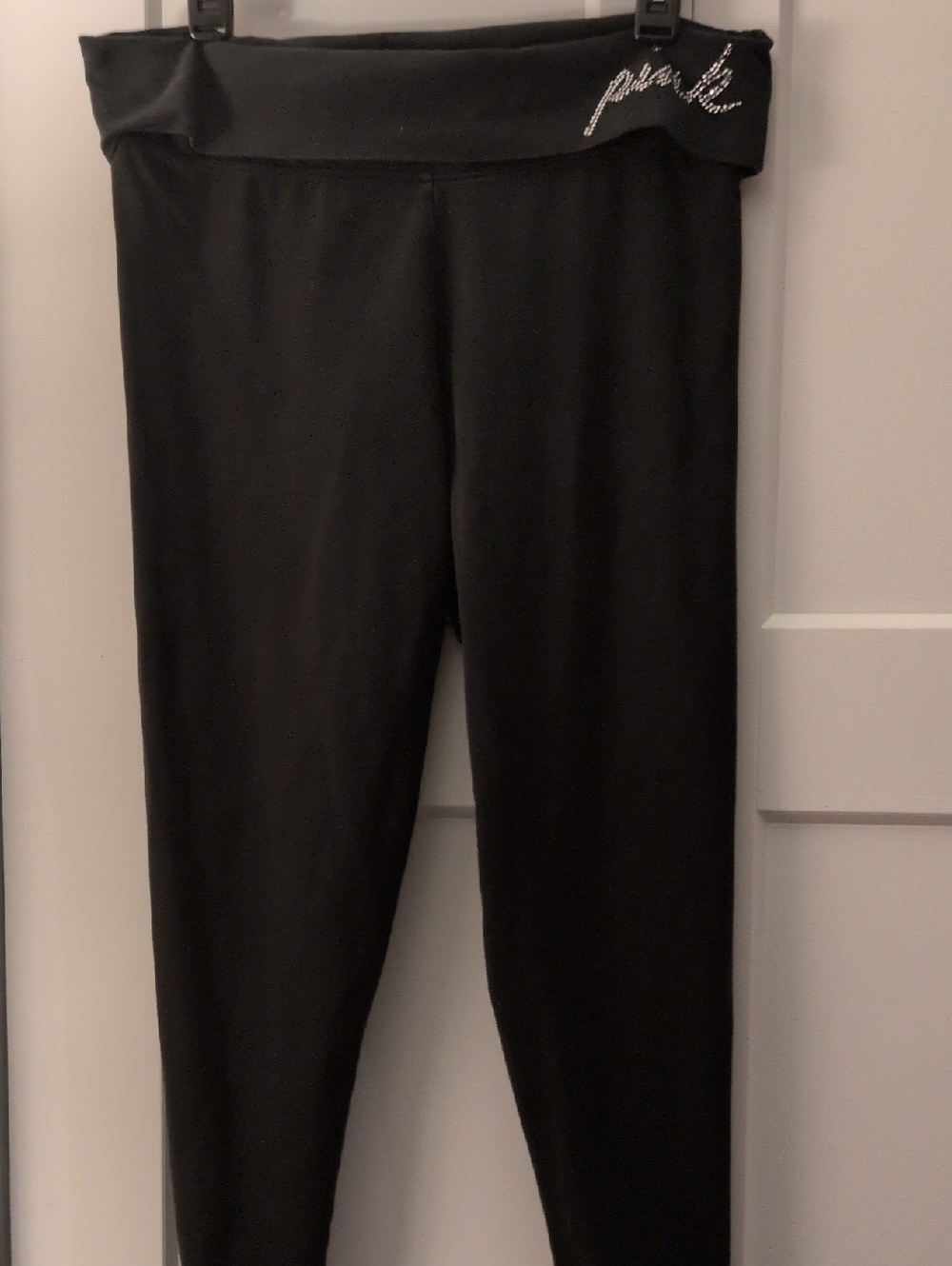 Black Fold-Over Waist Yoga Leggings with Rhinestone 'pink' Logo